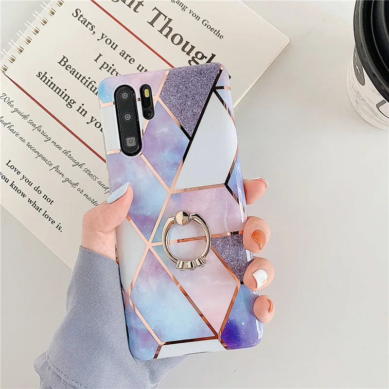 Electroplating mosaic marble ring phone case for Huawei – grid pattern, flexible TPU back cover with ring, six colour options