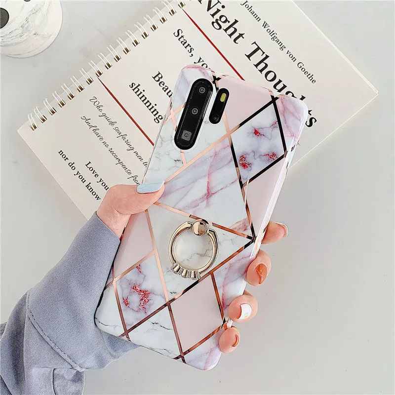 Electroplating mosaic marble ring phone case for Huawei – grid pattern, flexible TPU back cover with ring, six colour options