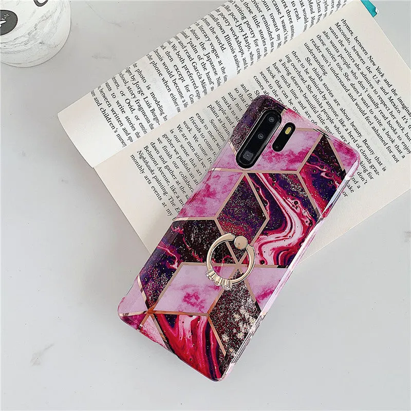 Electroplating mosaic marble ring phone case for Huawei – grid pattern, flexible TPU back cover with ring, six colour options