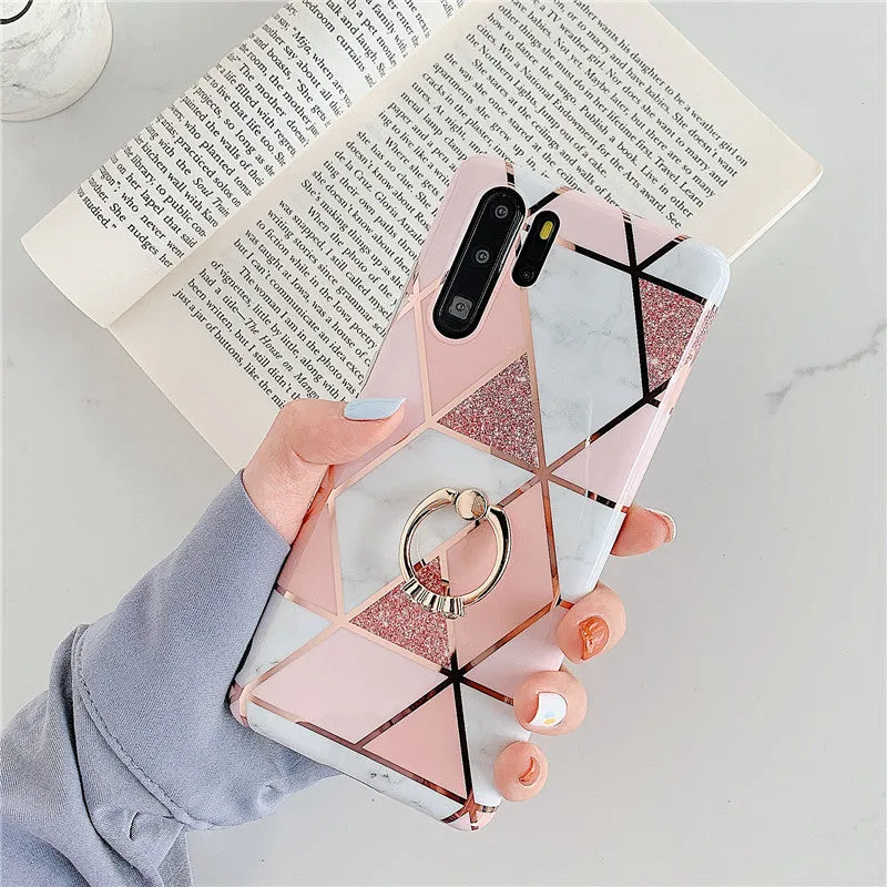 Electroplating mosaic marble ring phone case for Huawei – grid pattern, flexible TPU back cover with ring, six colour options
