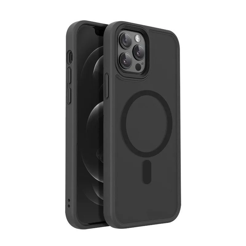 Magnetic silicone protective back cover for iPhone 12 and 13 series in matte black finish with PC and TPU construction