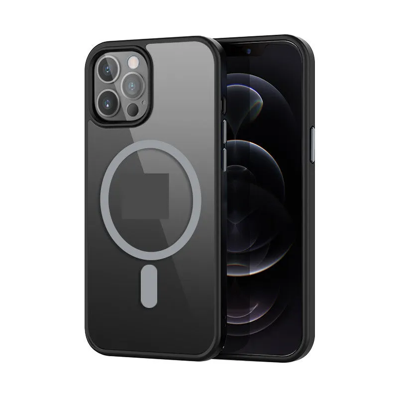 Magnetic silicone protective back cover for iPhone 12 and 13 series in matte black finish with PC and TPU construction