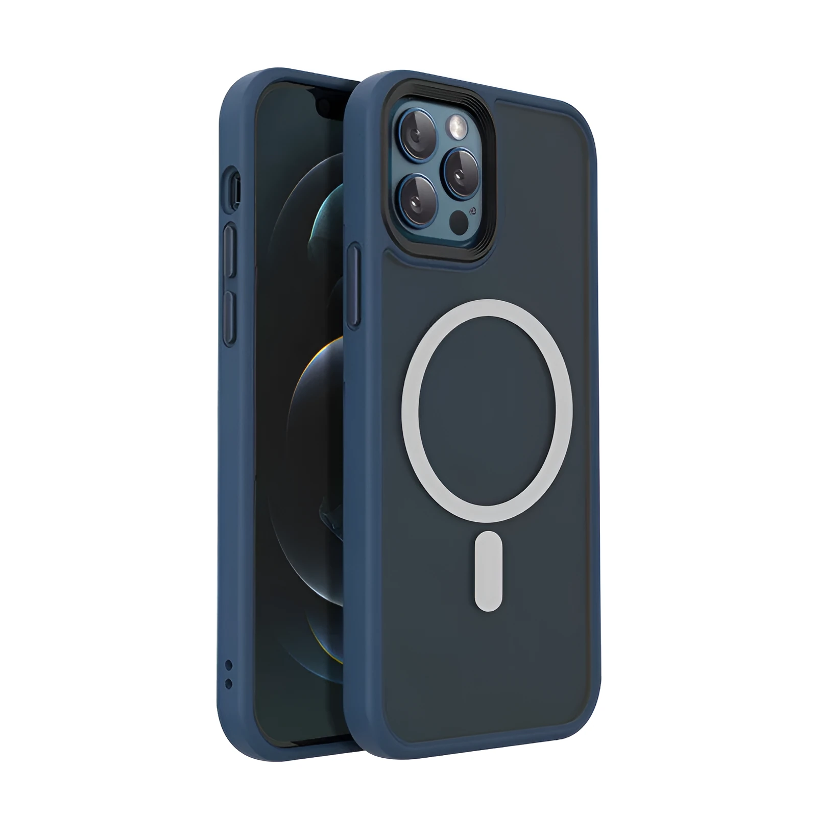Magnetic silicone protective back cover for iPhone 12 and 13 series in matte black finish with PC and TPU construction