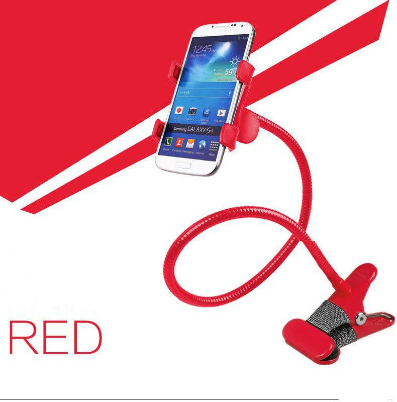 Strong metal lazy stand with long flexible arm holding an iPhone on a desktop, available in five colours
