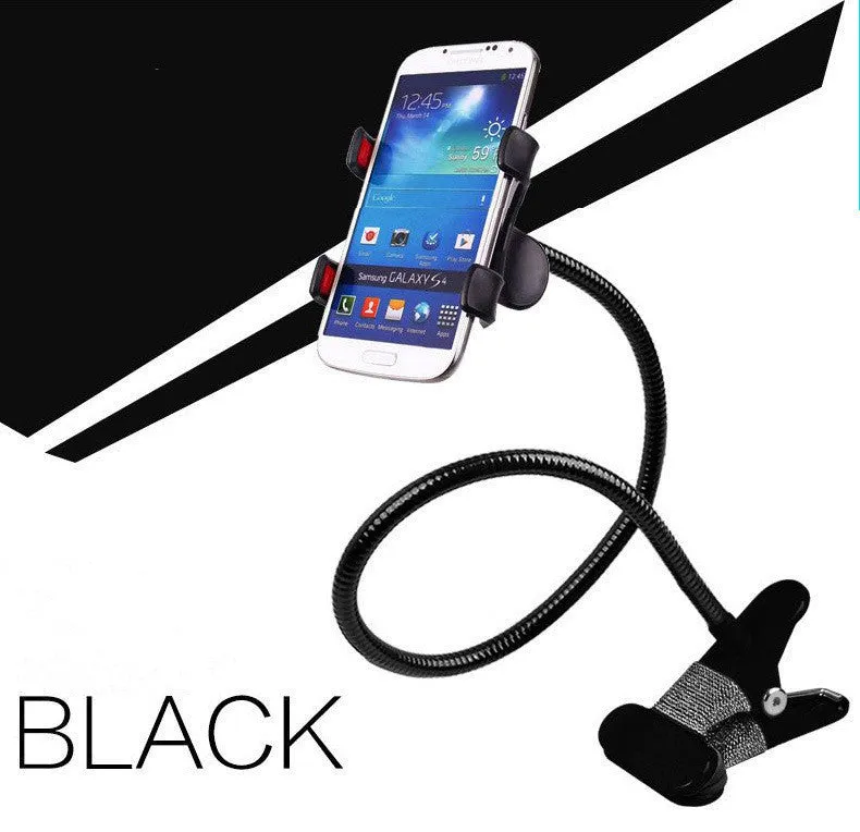 Strong metal lazy stand with long flexible arm holding an iPhone on a desktop, available in five colours