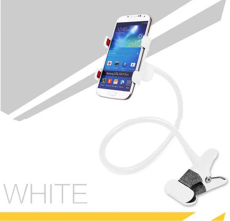 Strong metal lazy stand with long flexible arm holding an iPhone on a desktop, available in five colours