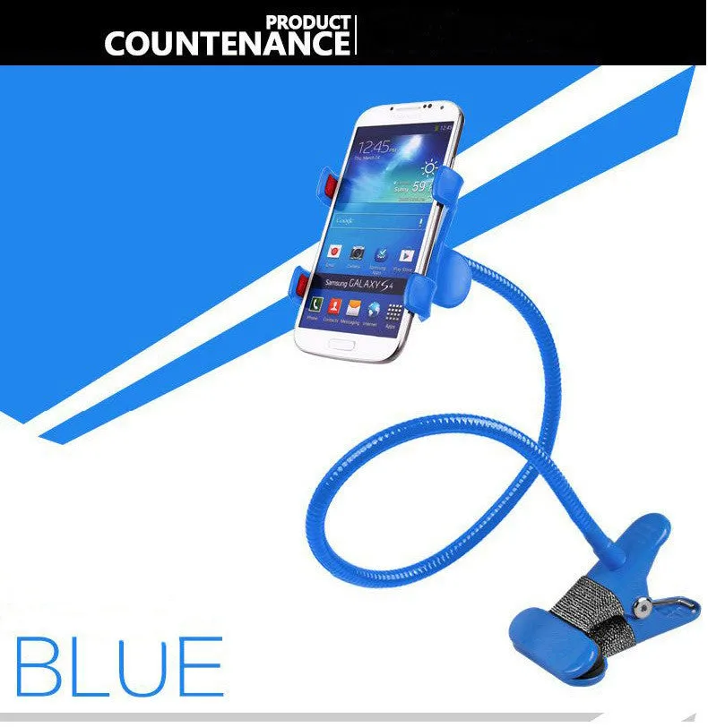 Strong metal lazy stand with long flexible arm holding an iPhone on a desktop, available in five colours