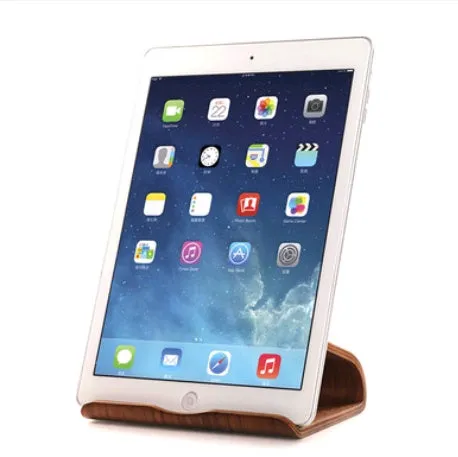 Bamboo wood lazy couch bracket holding an iPad on a desktop, walnut finish