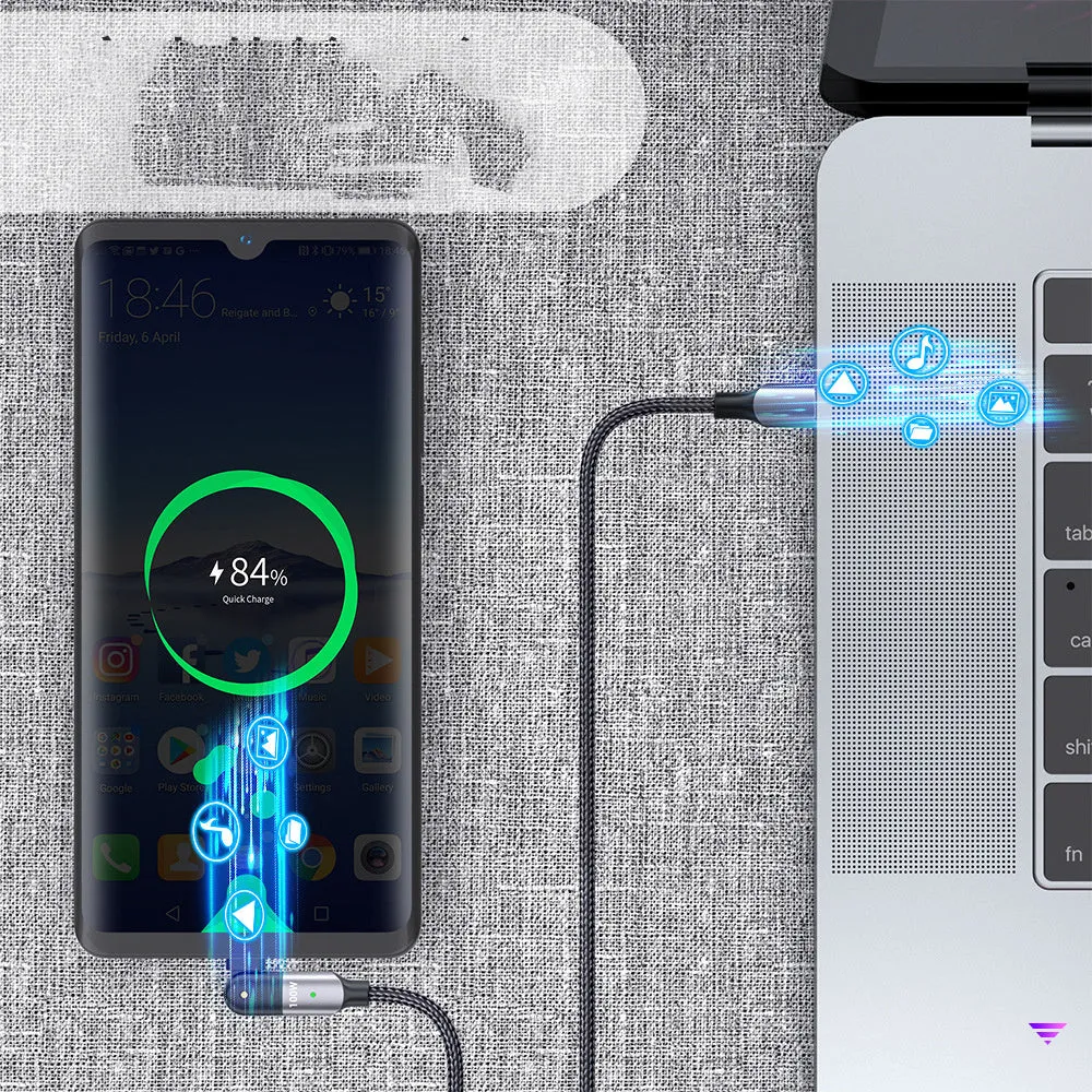 Rotatable data cable in sparkling black with PD fast charging support and winding mechanism