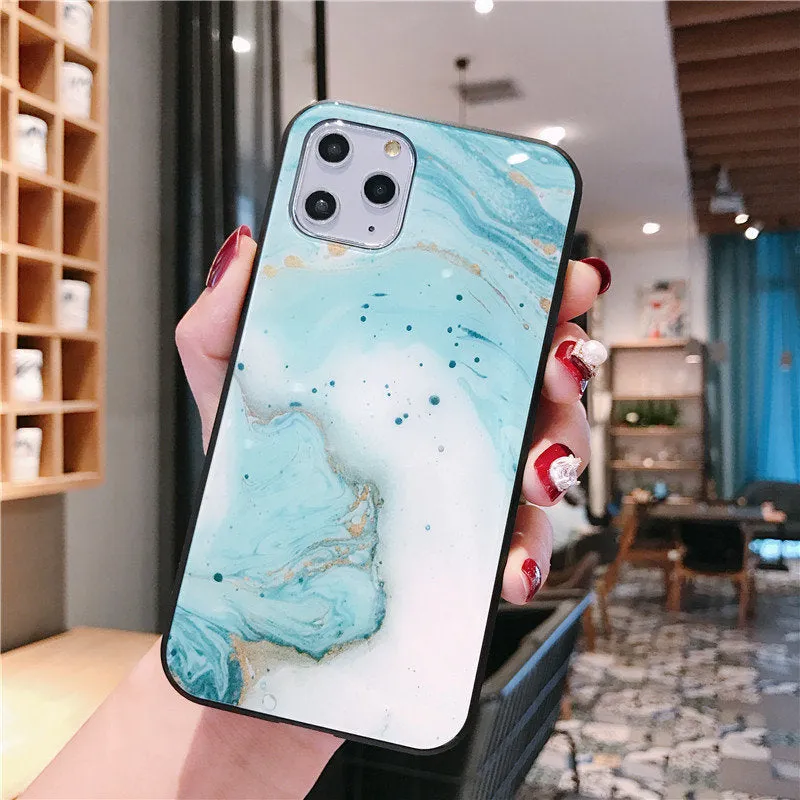 Luxury marble TPU tempered glass protective back cover for iPhone models in multiple colours