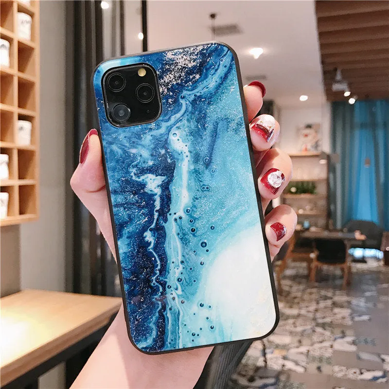 Luxury marble TPU tempered glass protective back cover for iPhone models in multiple colours