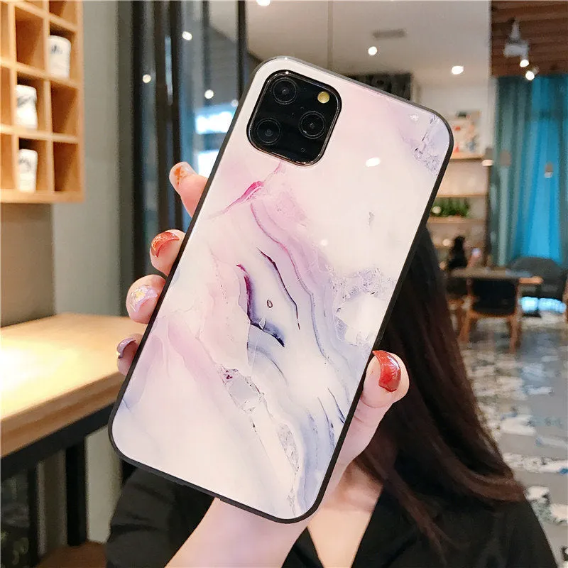 Luxury marble TPU tempered glass protective back cover for iPhone models in multiple colours