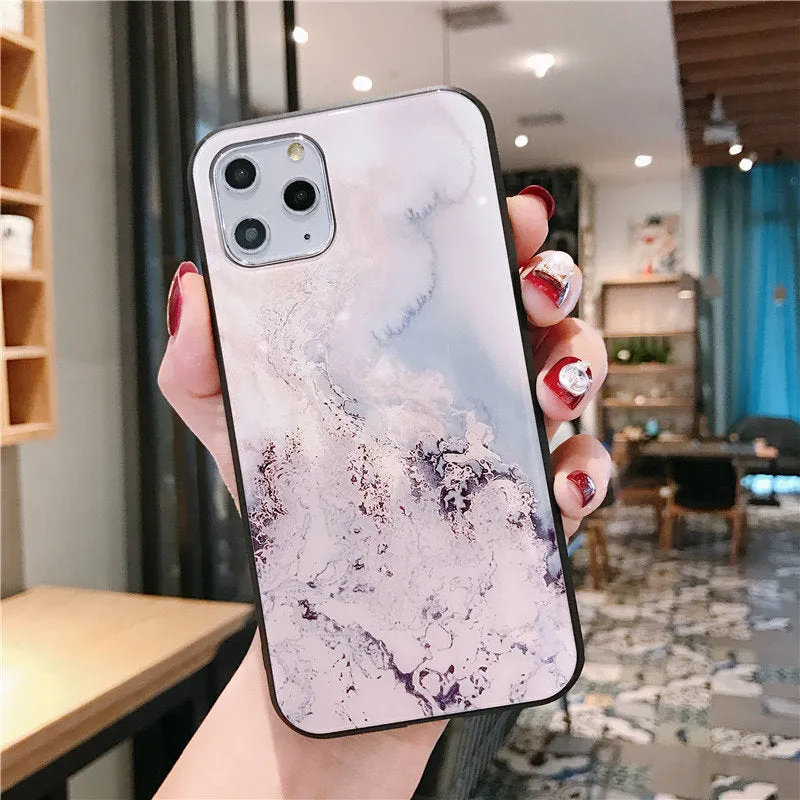 Luxury marble TPU tempered glass protective back cover for iPhone models in multiple colours
