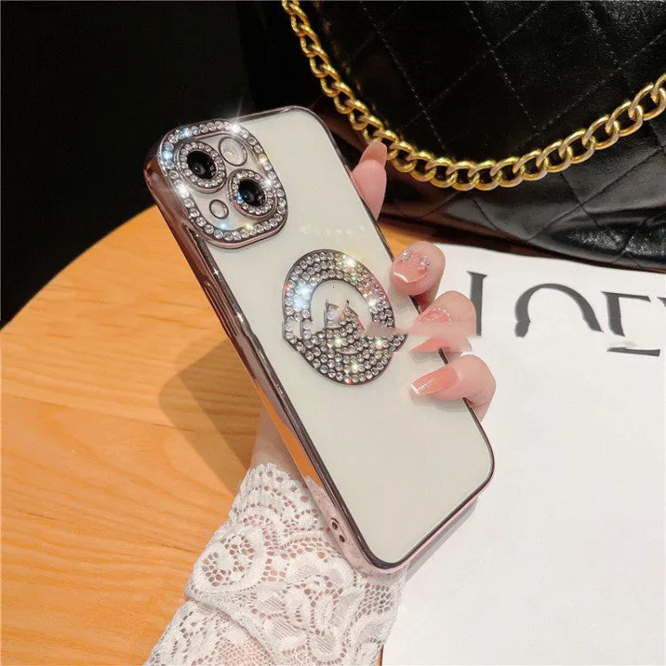 Diamond ring electroplated TPU phone case for Apple iPhone with rhinestones, black colour variant