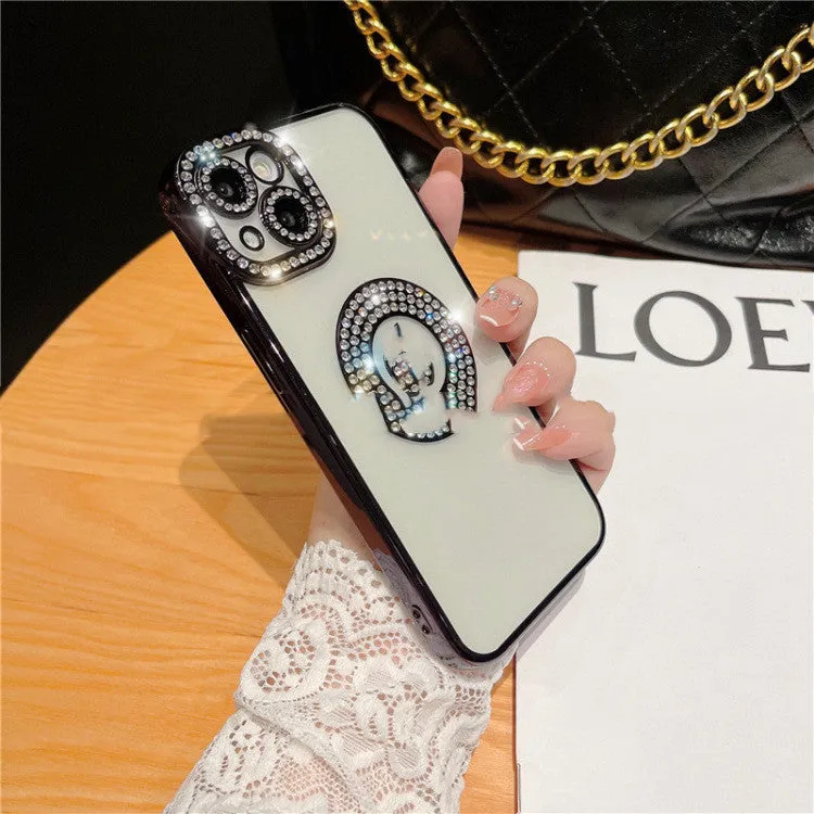 Diamond ring electroplated TPU phone case for Apple iPhone with rhinestones, black colour variant