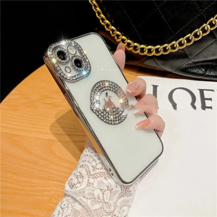 Diamond ring electroplated TPU phone case for Apple iPhone with rhinestones, black colour variant
