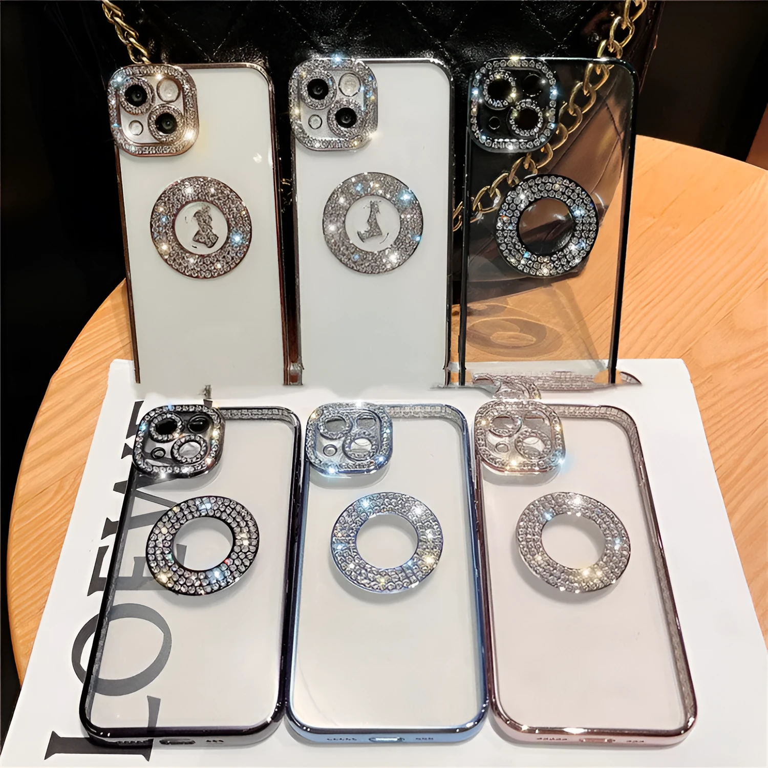 Diamond ring electroplated TPU phone case for Apple iPhone with rhinestones, black colour variant