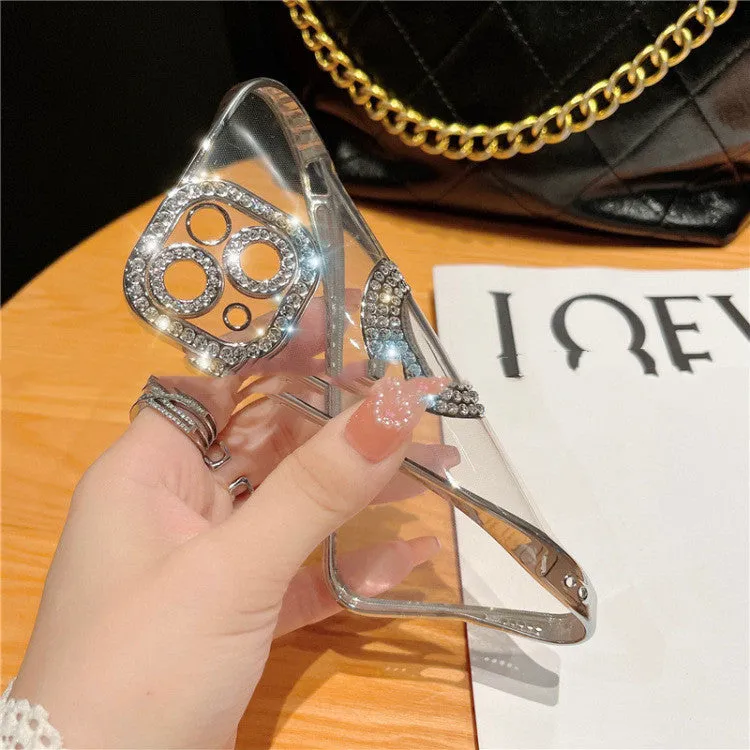 Diamond ring electroplated TPU phone case for Apple iPhone with rhinestones, black colour variant