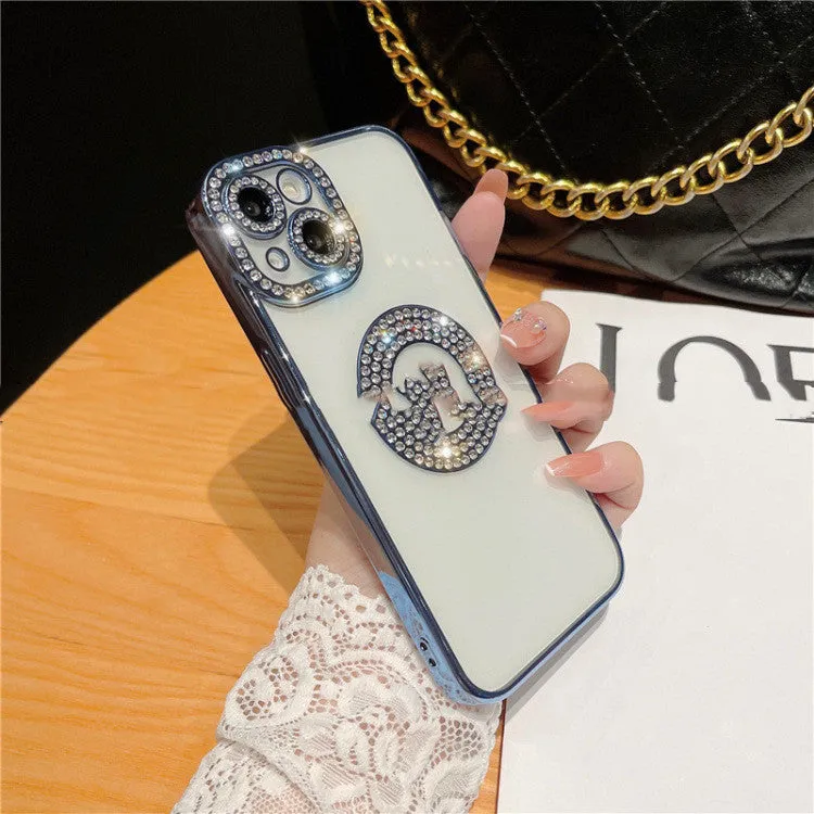 Diamond ring electroplated TPU phone case for Apple iPhone with rhinestones, black colour variant