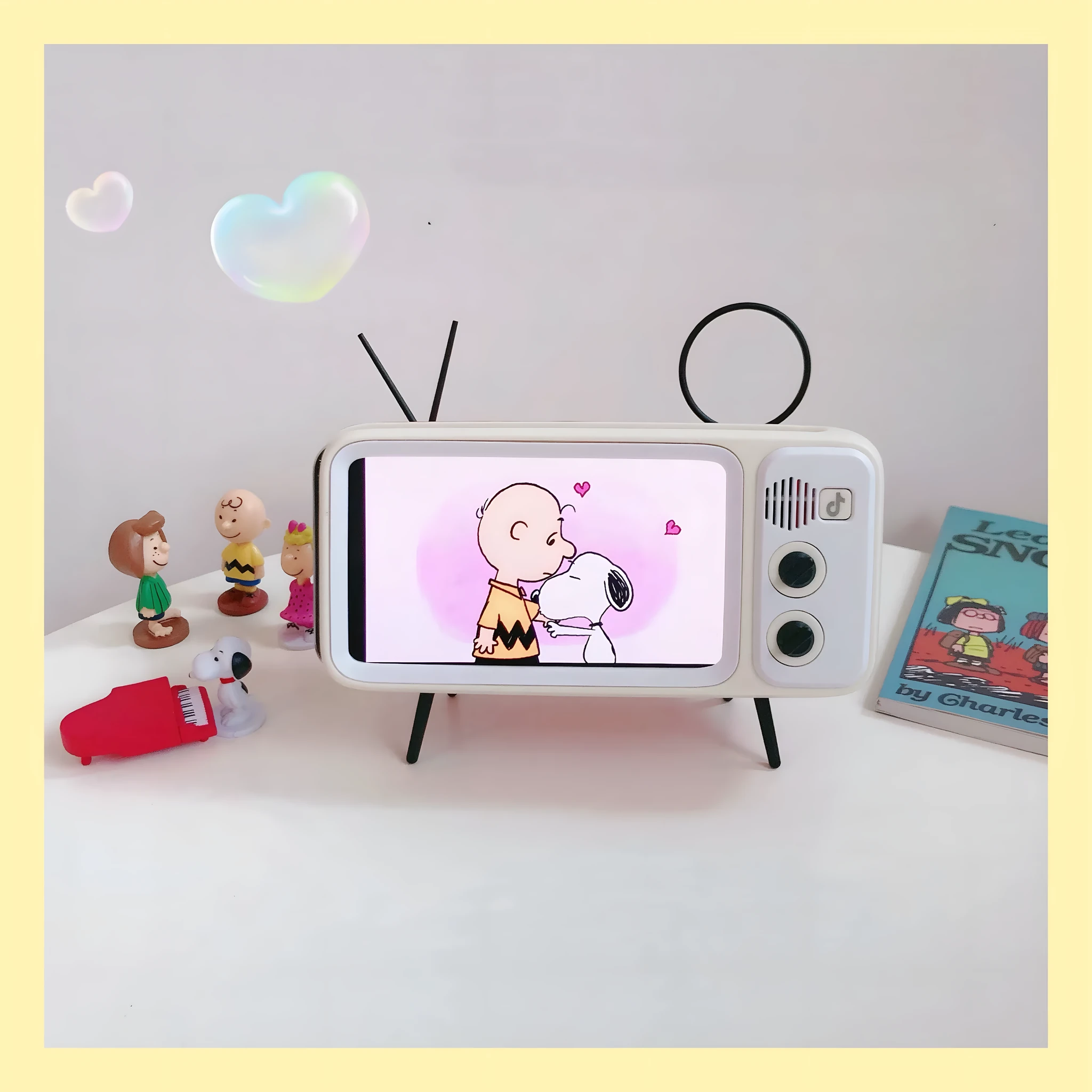 Vintage wooden TV Retro phone stand with built-in speaker, Bluetooth connectivity, and phone placed on top