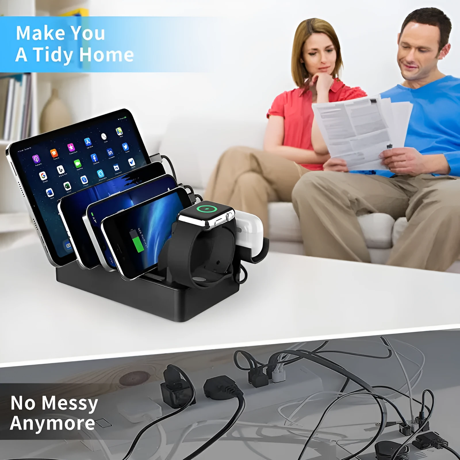 Desktop multi-USB charge box fast charger in black ABS casing with USB and Apple Watch outputs