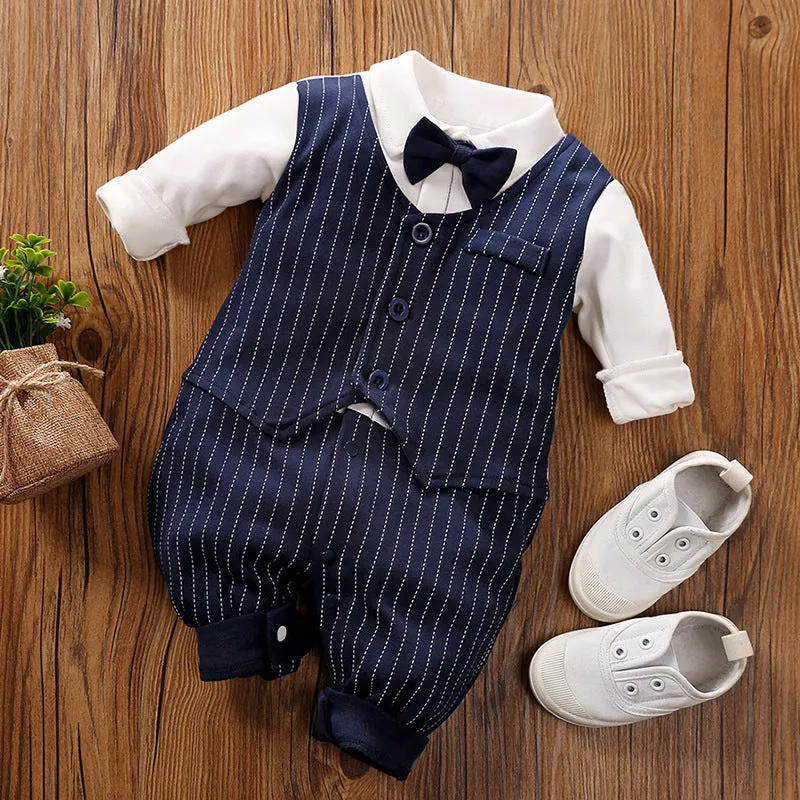 Baby wearing a long-sleeved cotton jumpsuit in navy blue gentleman style