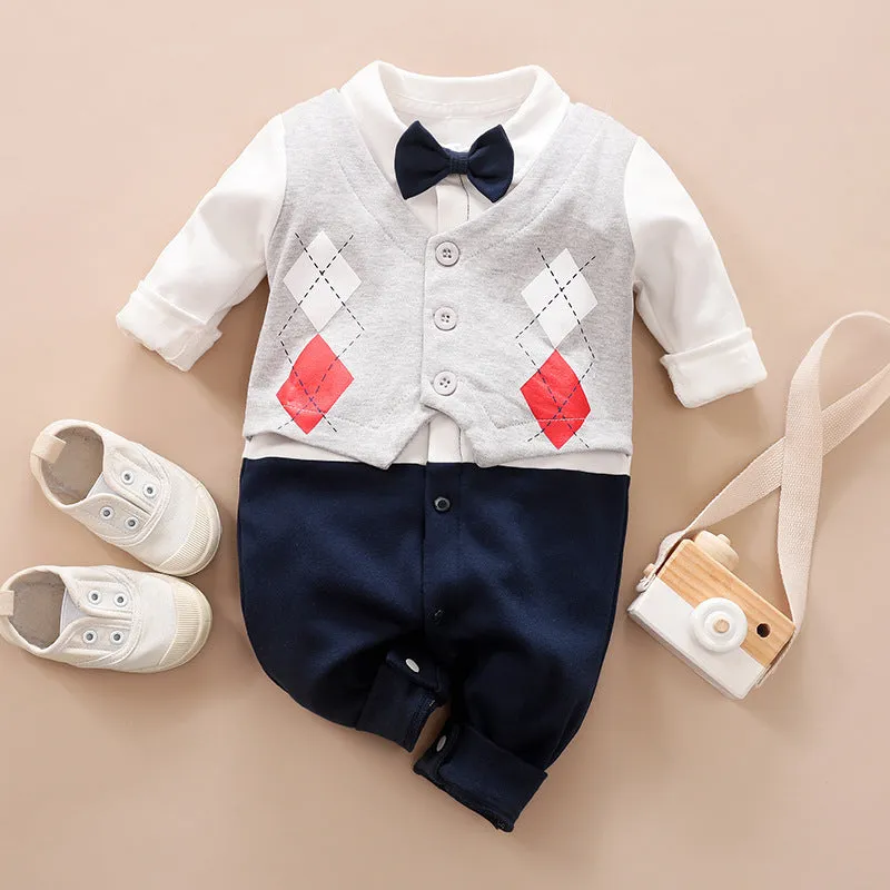 Baby wearing a long-sleeved cotton jumpsuit in navy blue gentleman style