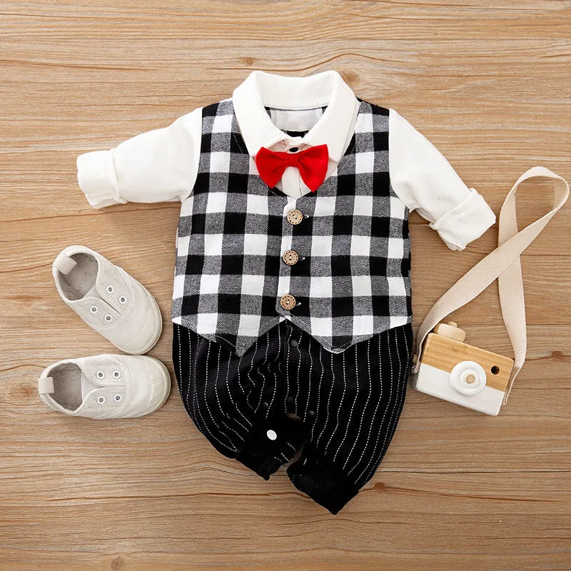 Baby wearing a long-sleeved cotton jumpsuit in navy blue gentleman style
