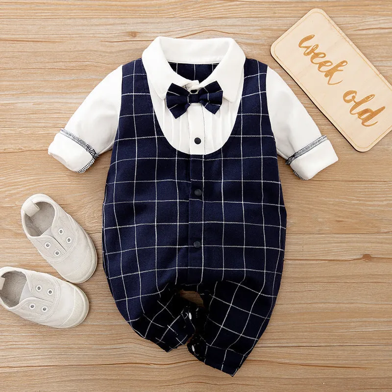 Baby wearing a long-sleeved cotton jumpsuit in navy blue gentleman style