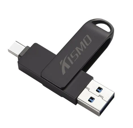 Dual-use USB 3.0 flash drive compatible with Apple and Android, available in 16GB to 128GB, black colour