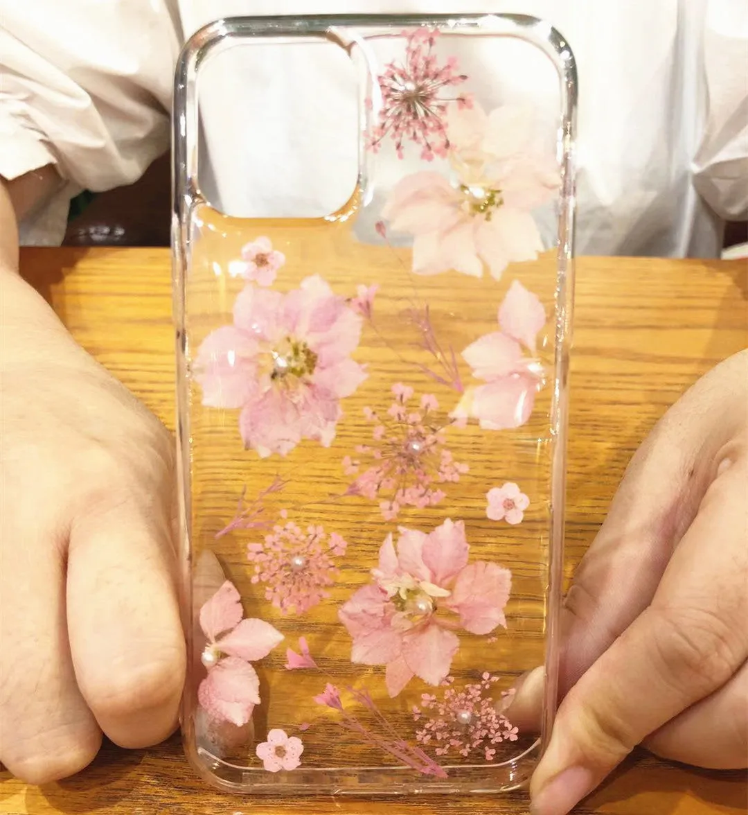 Epoxy real flower phone case with graffiti design for iPhone, TPU back cover