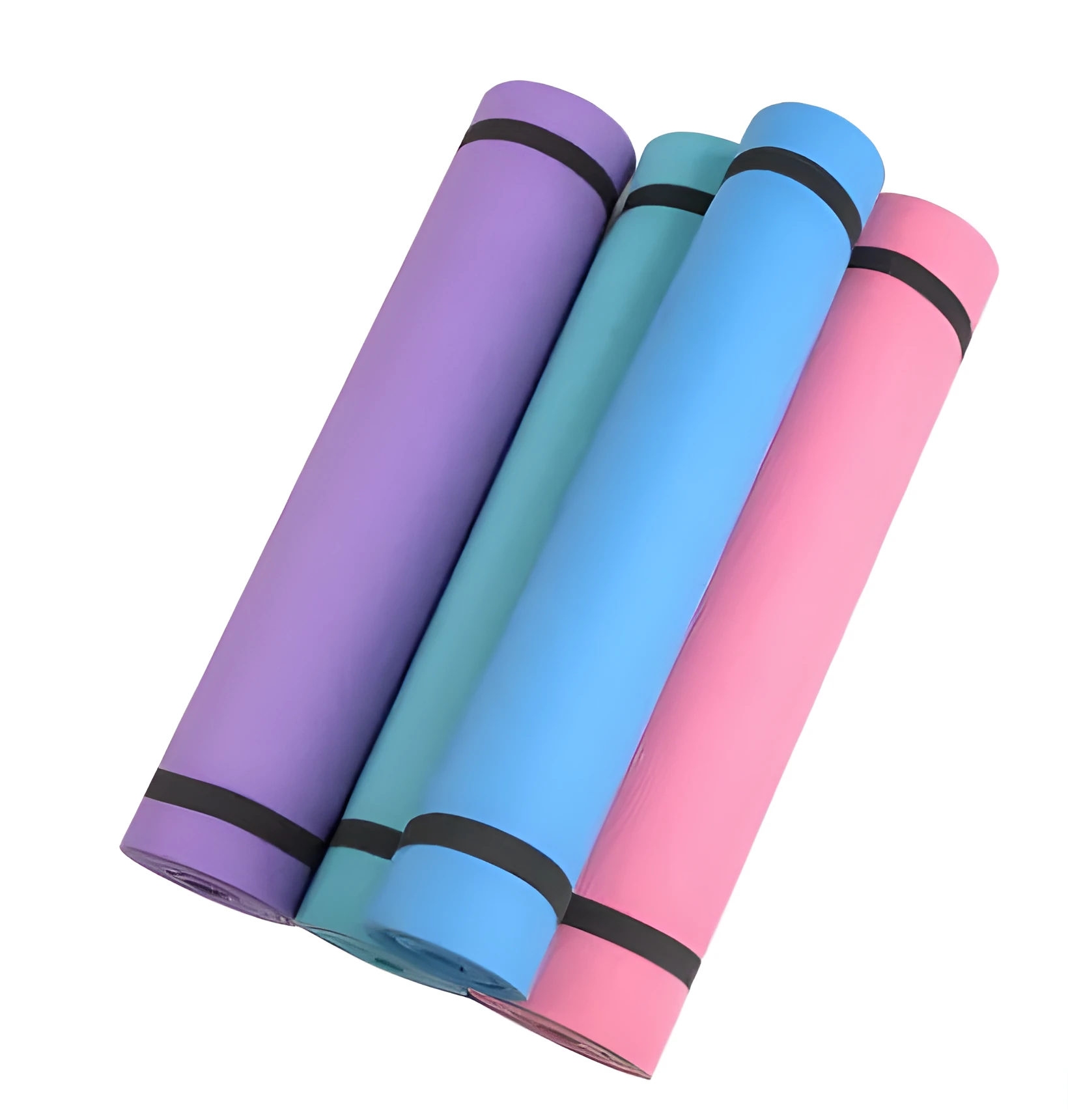 Red EVA fitness yoga mat rolled up next to its storage bag, showing textured surface.