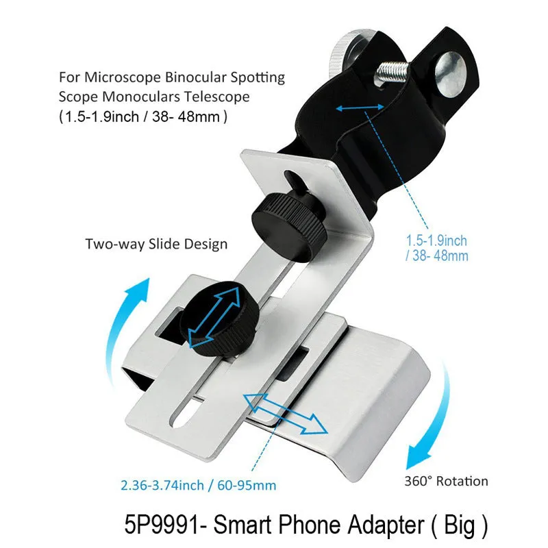 Adjustable metal smart phone adapter with rubber clip in black and silver on a tripod