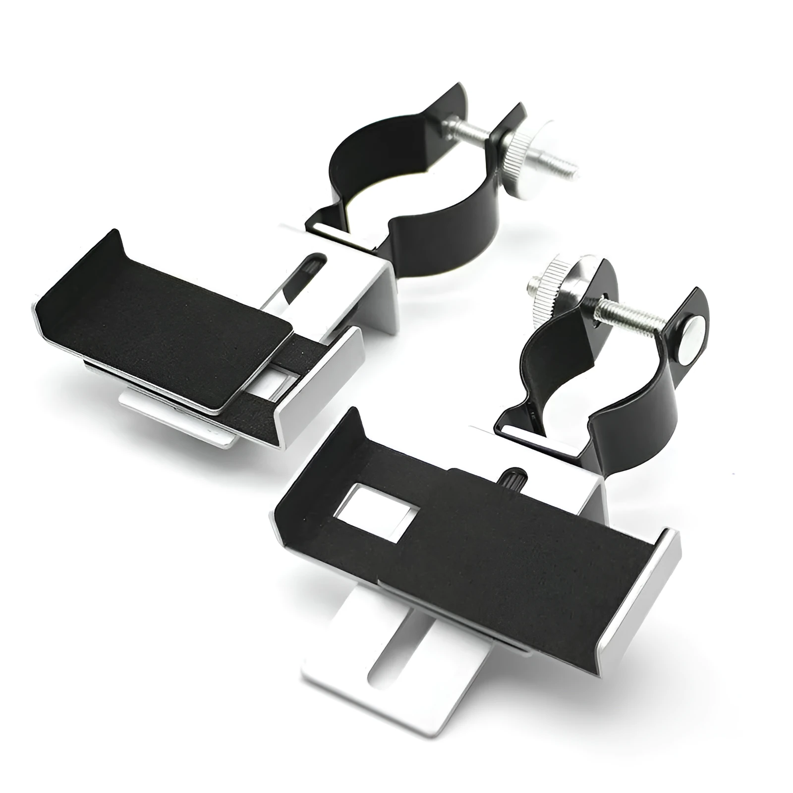 Adjustable metal smart phone adapter with rubber clip in black and silver on a tripod