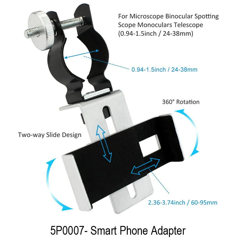 Adjustable metal smart phone adapter with rubber clip in black and silver on a tripod