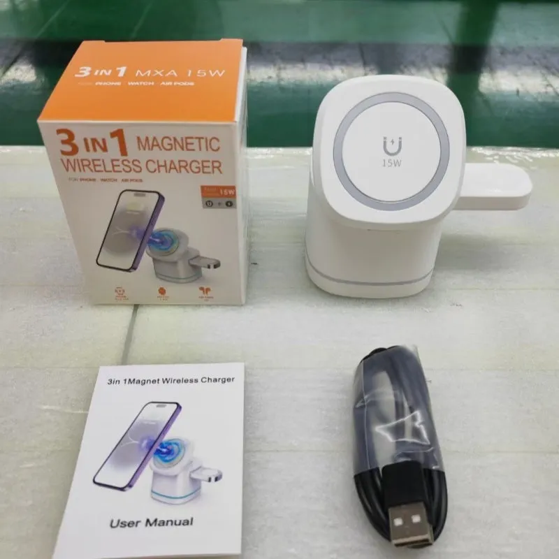 Three-in-one folding magnetic wireless fast charging charger in Iron Grey with phone, earphones and watch placed on charging pads