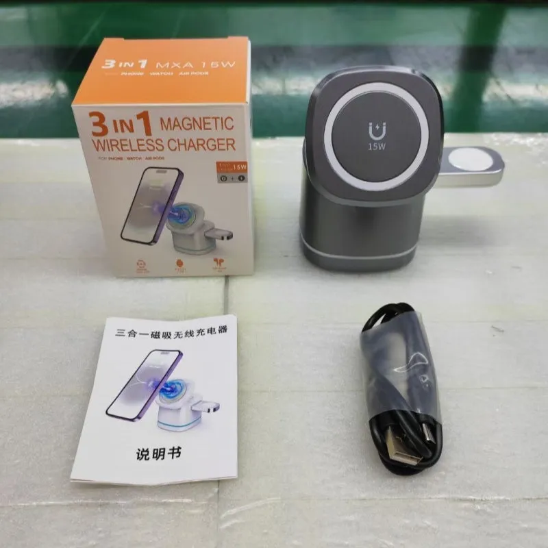 Three-in-one folding magnetic wireless fast charging charger in Iron Grey with phone, earphones and watch placed on charging pads