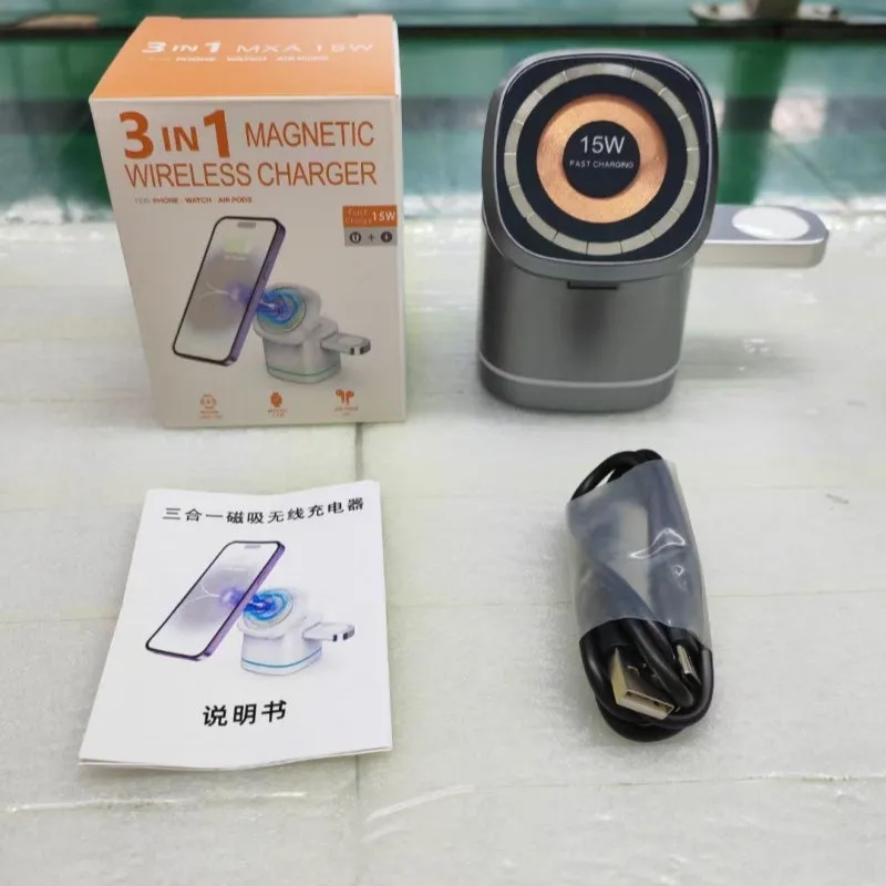 Three-in-one folding magnetic wireless fast charging charger in Iron Grey with phone, earphones and watch placed on charging pads