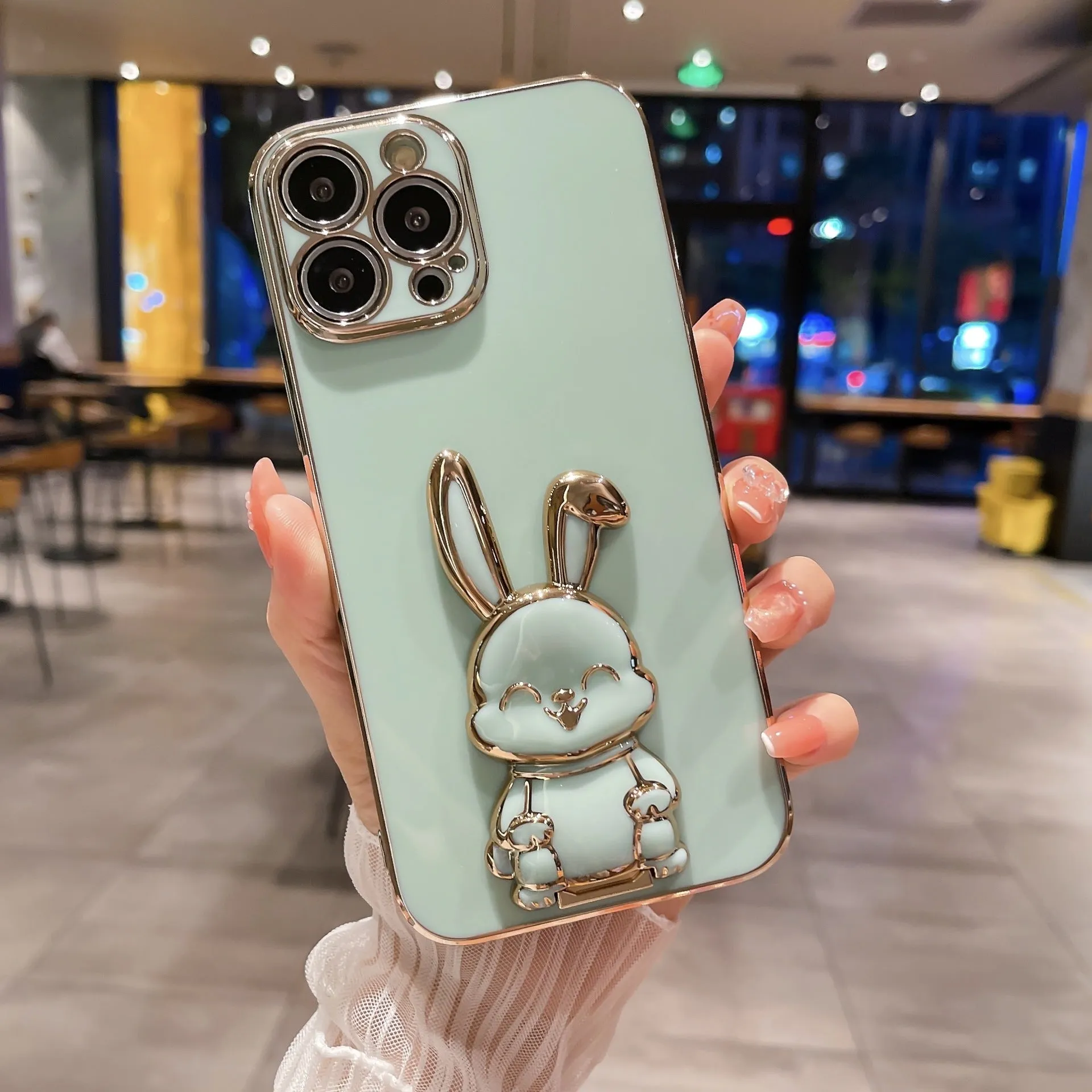 Green TPU electroplated phone case with lanyard and bracket compatible with iPhone 13