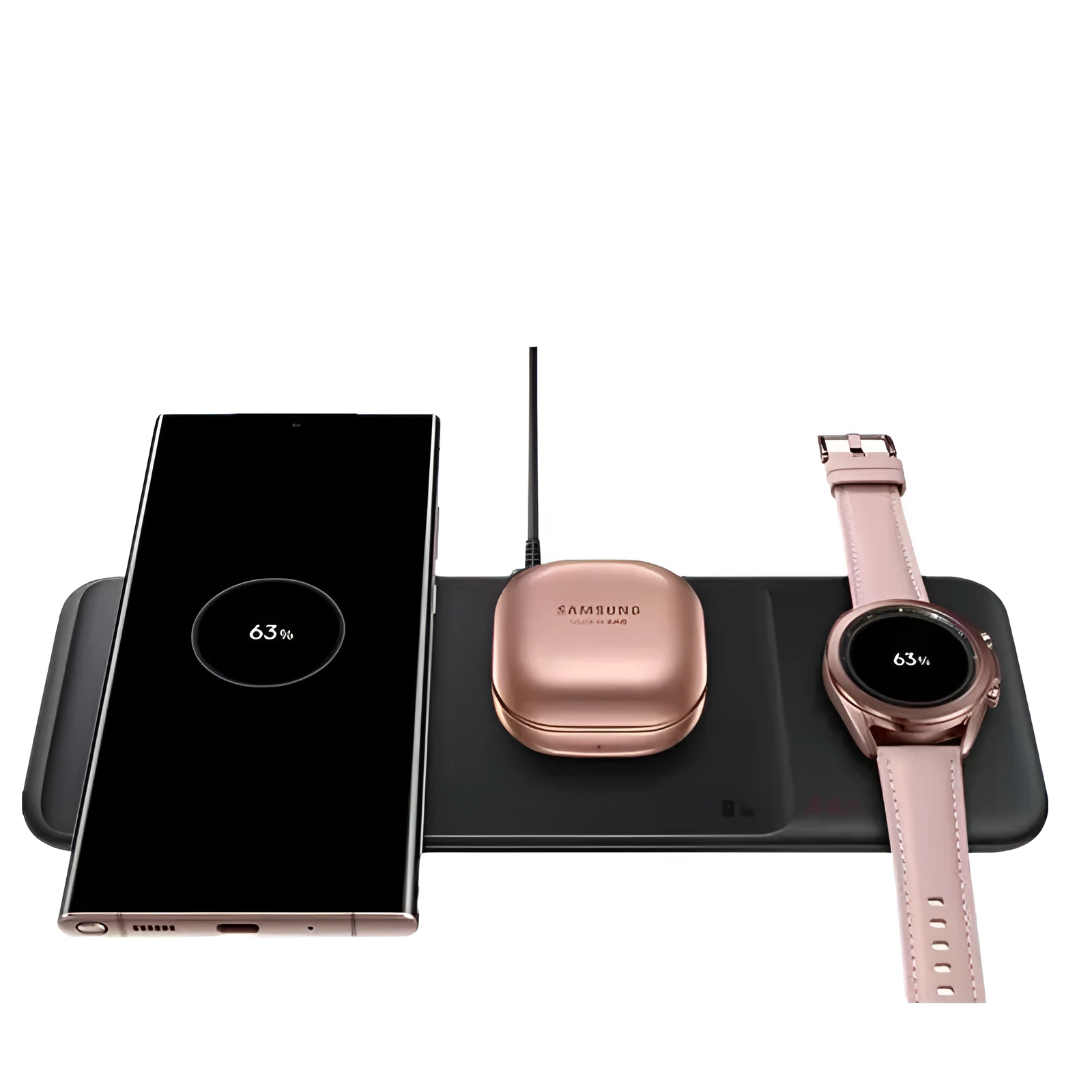 Two-in-one wireless charger with a black base, detachable headset pad, and foldable watch stand