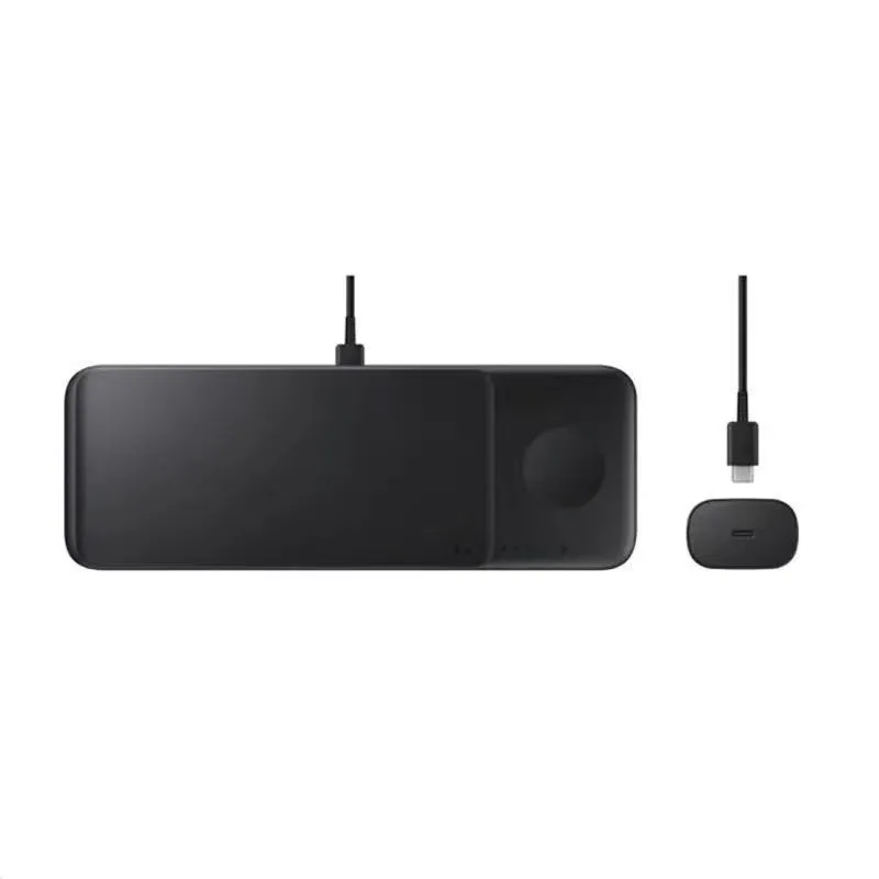 Two-in-one wireless charger with a black base, detachable headset pad, and foldable watch stand