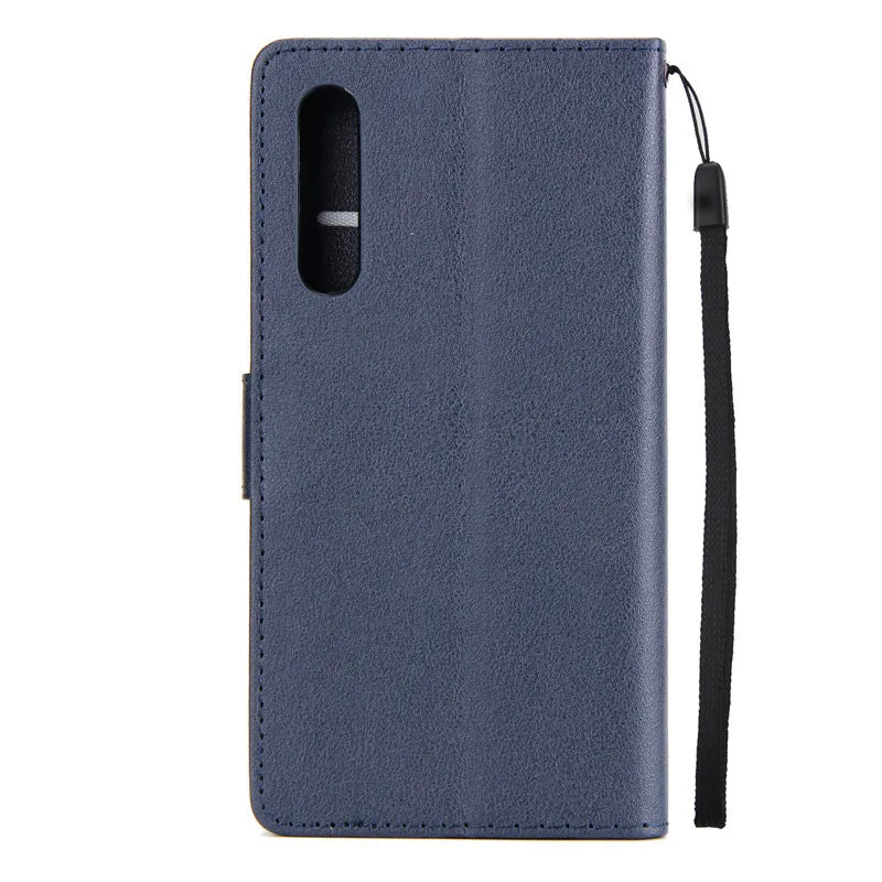 Flip wallet holder open to show card slots and phone compartment in brown imitation leather