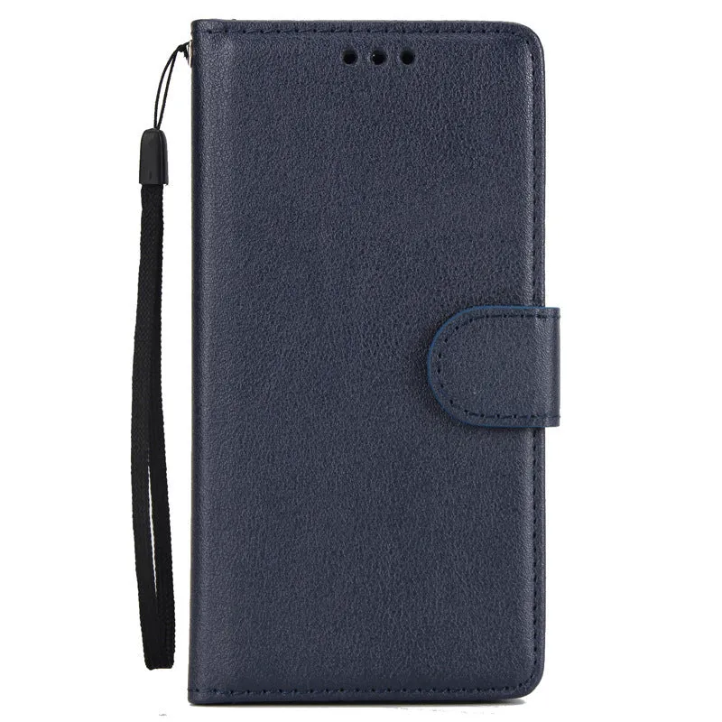 Flip wallet holder open to show card slots and phone compartment in brown imitation leather