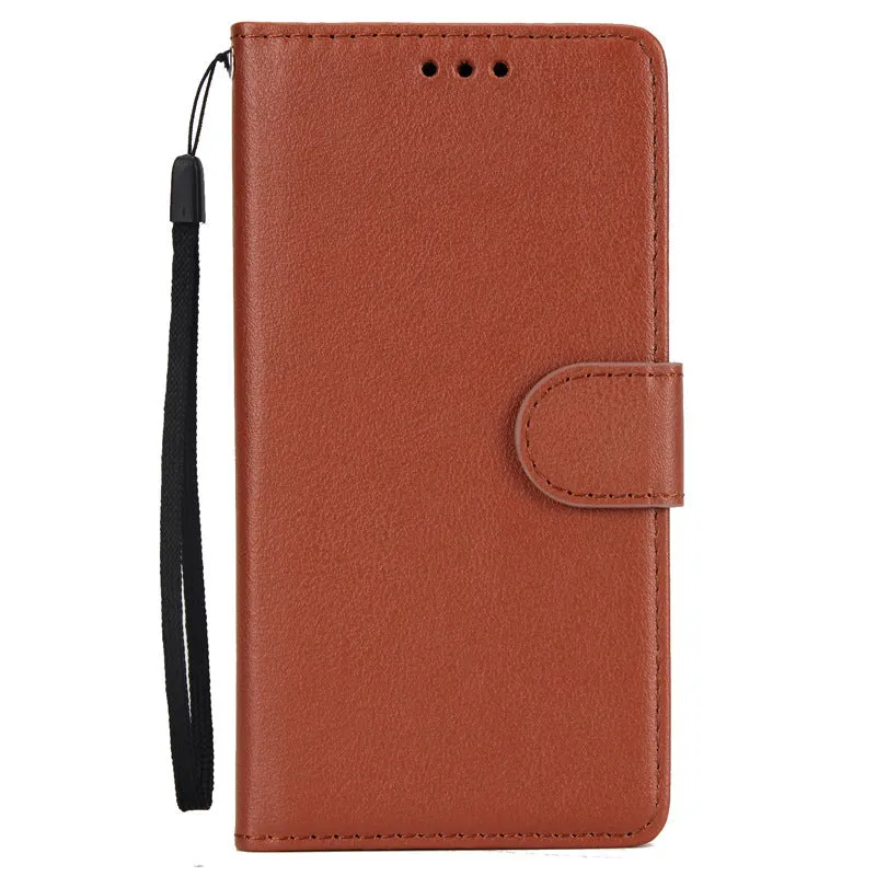 Flip wallet holder open to show card slots and phone compartment in brown imitation leather