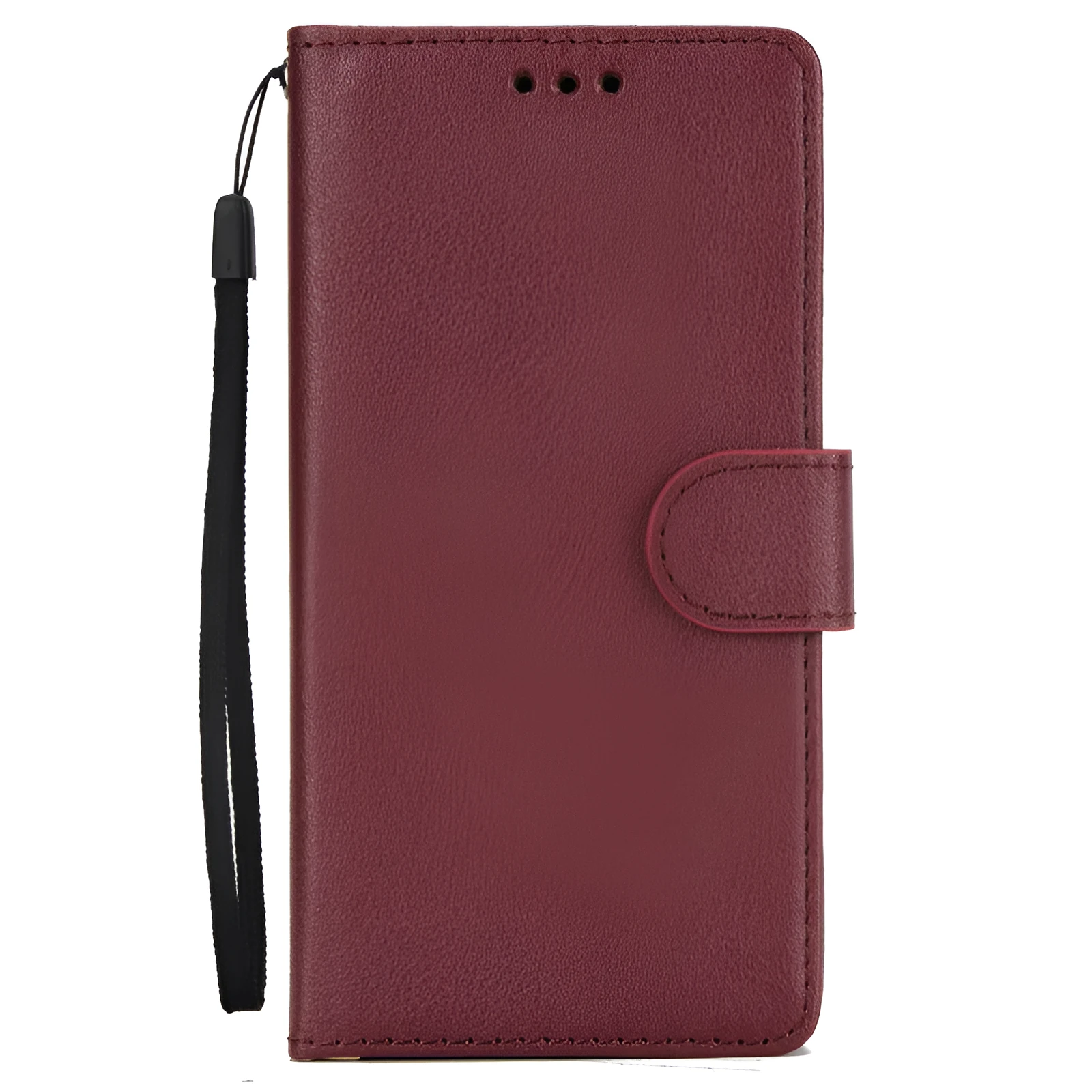 Flip wallet holder open to show card slots and phone compartment in brown imitation leather
