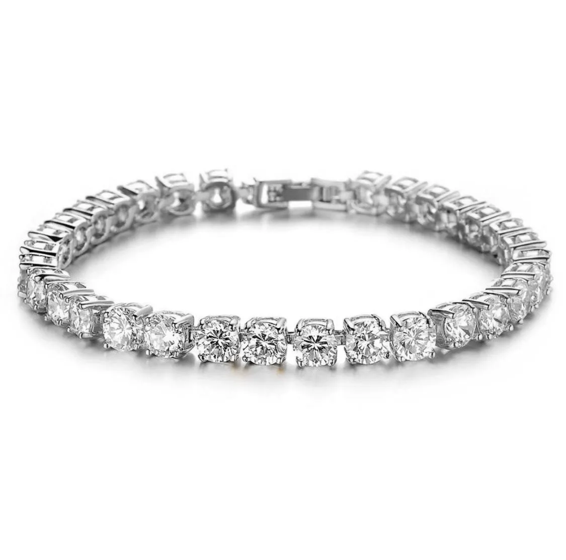 Men's silver geometric chain link bracelet with a row of sparkling clear rhinestones on a black background.