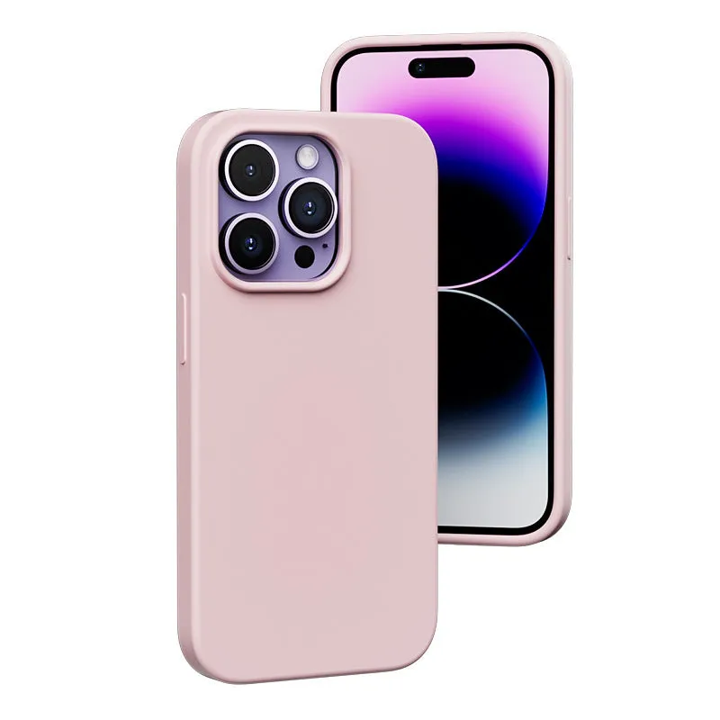 Liquid silicone magnetic phone case protector in black for iPhone 14 series with MagSafe ring