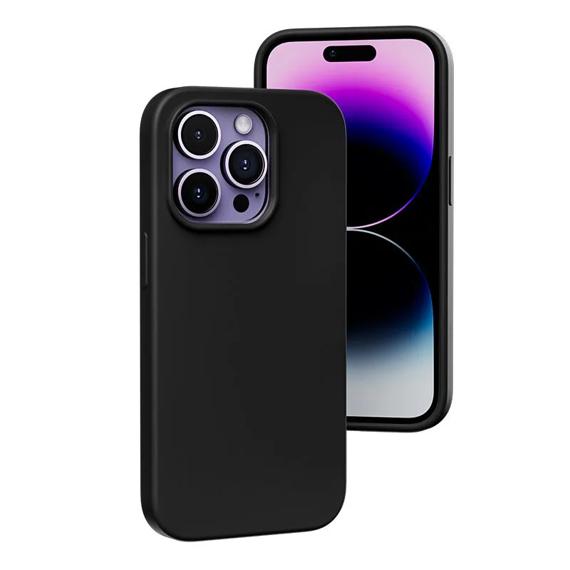 Liquid silicone magnetic phone case protector in black for iPhone 14 series with MagSafe ring
