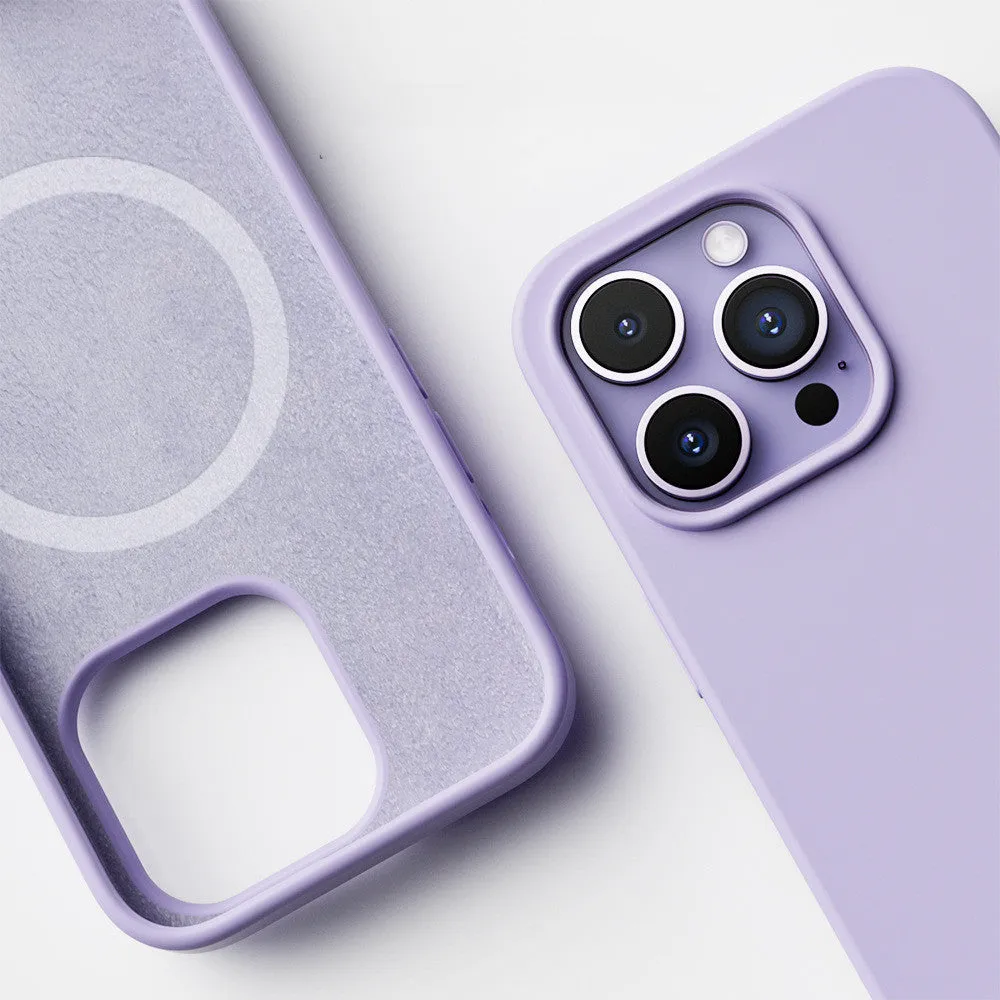 Liquid silicone magnetic phone case protector in black for iPhone 14 series with MagSafe ring
