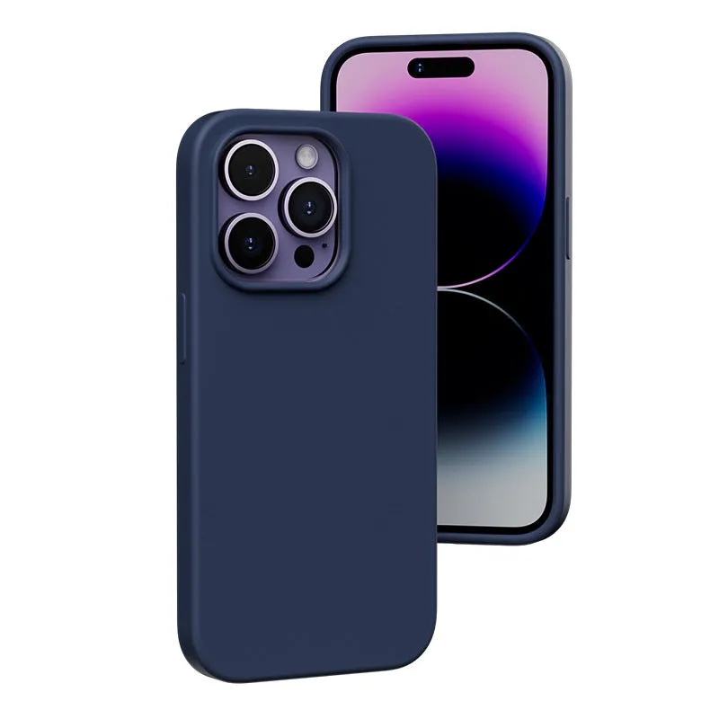 Liquid silicone magnetic phone case protector in black for iPhone 14 series with MagSafe ring